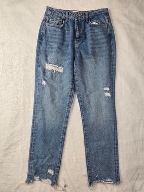 Vervet High Rise Straight Leg Jeans Sz 25 Distressed Raw Hem Light Wash Mom Jean